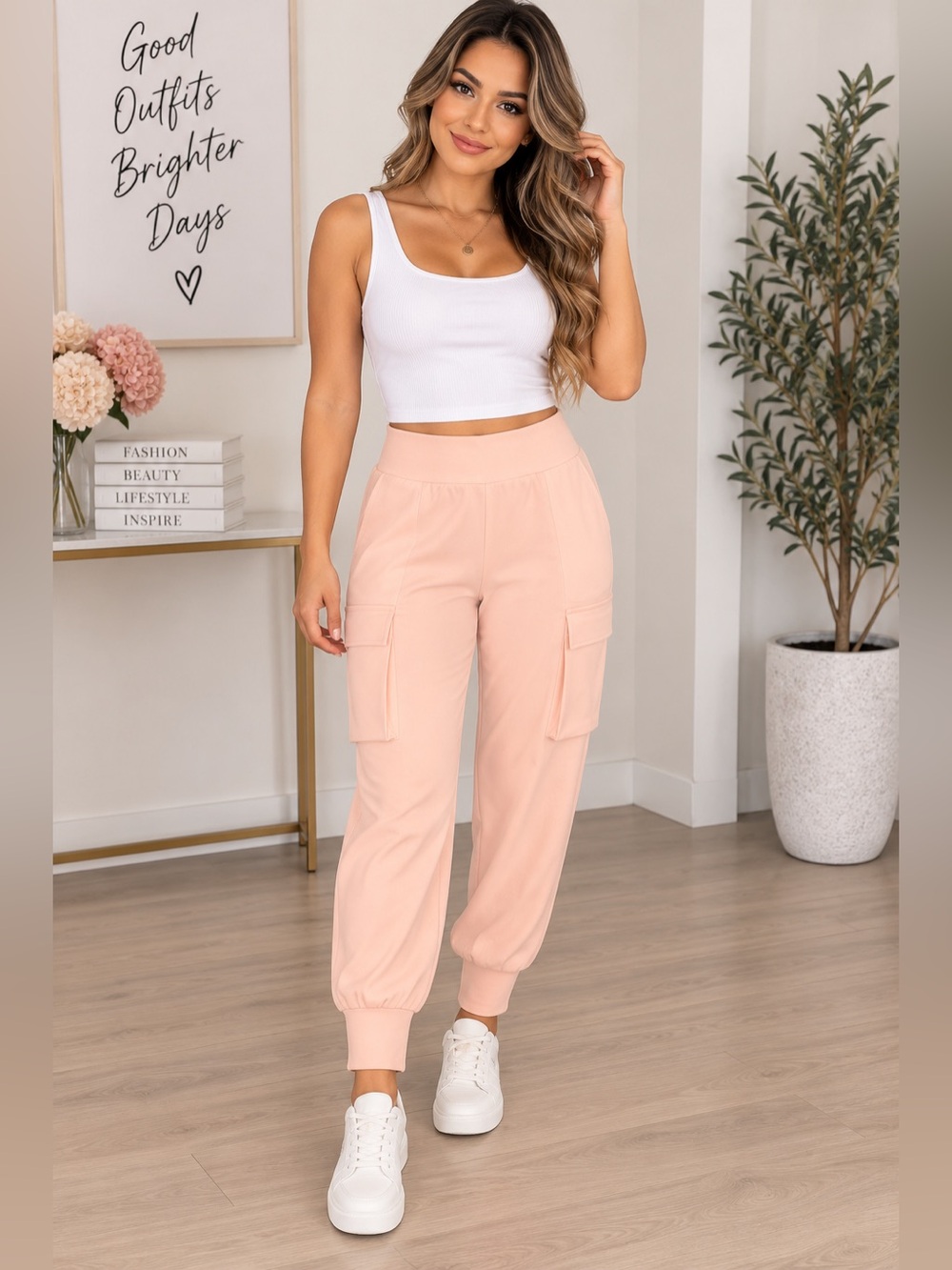 Double Zero- Women's High-Waist Cargo Joggers in Dusty Pink